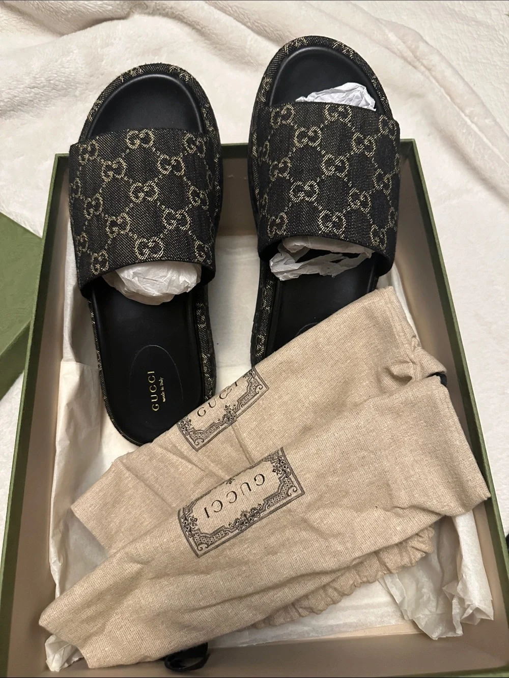 Gucci Black GG Monogram Canvas Slides with Matching Bucket Hat only for photo